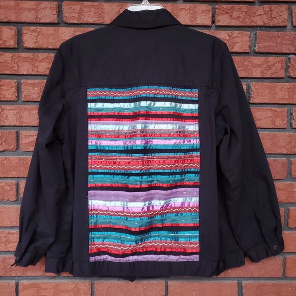 Vintage Lightweight Denim Jacket 1X Black Stripe Button Front Western Southwest - Picture 2 of 11